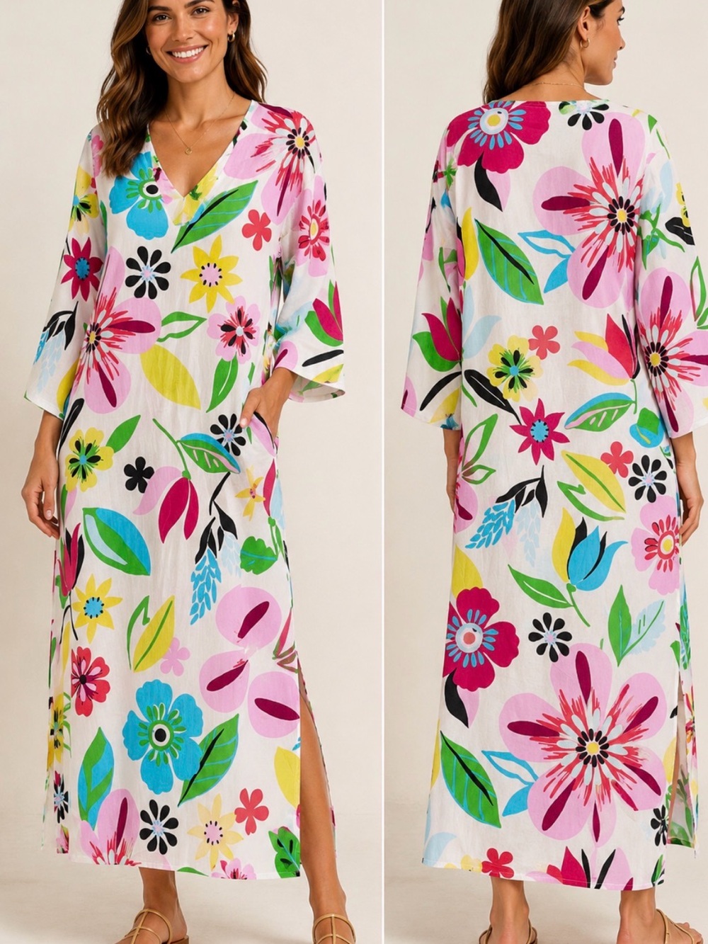 Kate Spade New York Floral Beach Cover Up Caftan Tunic XL 100% Cotton